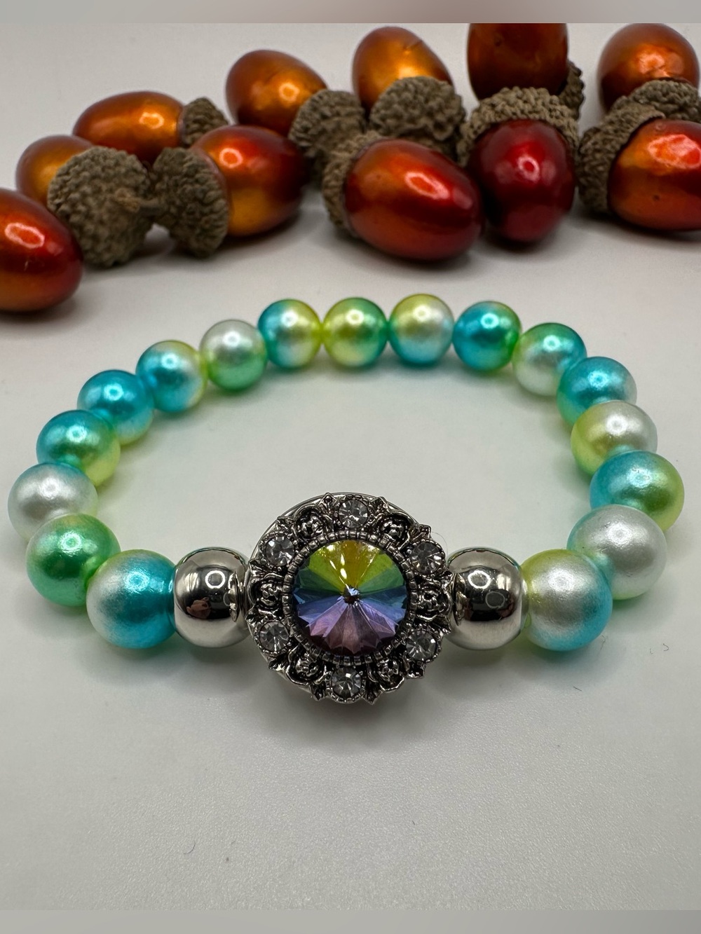 Snap Jewelry Blue & Green Faux Pearl Bracelet & 18mm Multicolor Ginger Snap NWT